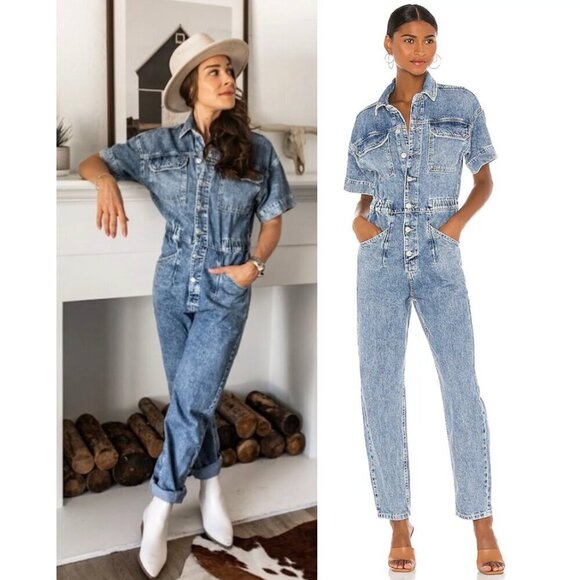 FREE PEOPLE Marci Denim Jumpsuit in Wash Powder Size Small - Picture 1 of 10